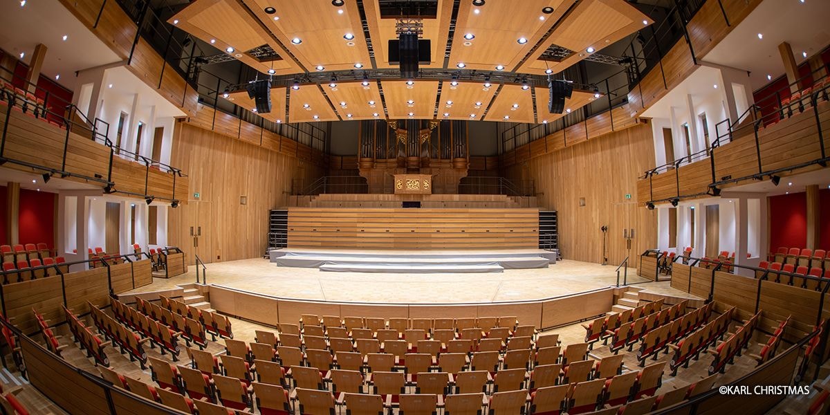 Elgar Concert Hall auditorium with tiered seating for concerts and seminars.