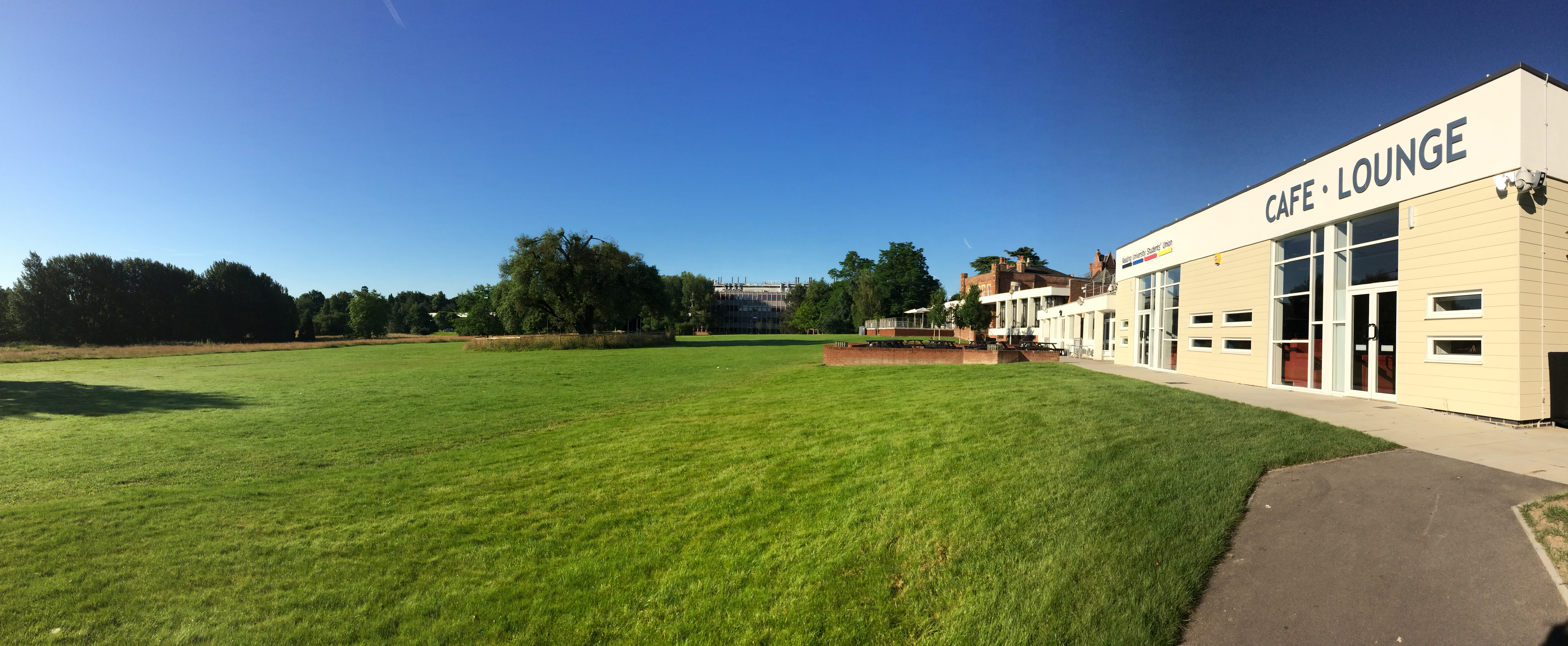 Mojos outdoor venue at Reading University, ideal for events with lush lawns and café.