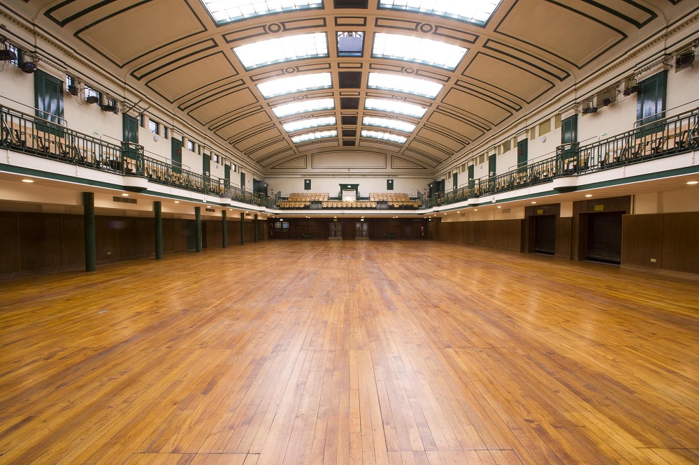 York Hall event venue with high ceilings, ideal for conferences and banquets.