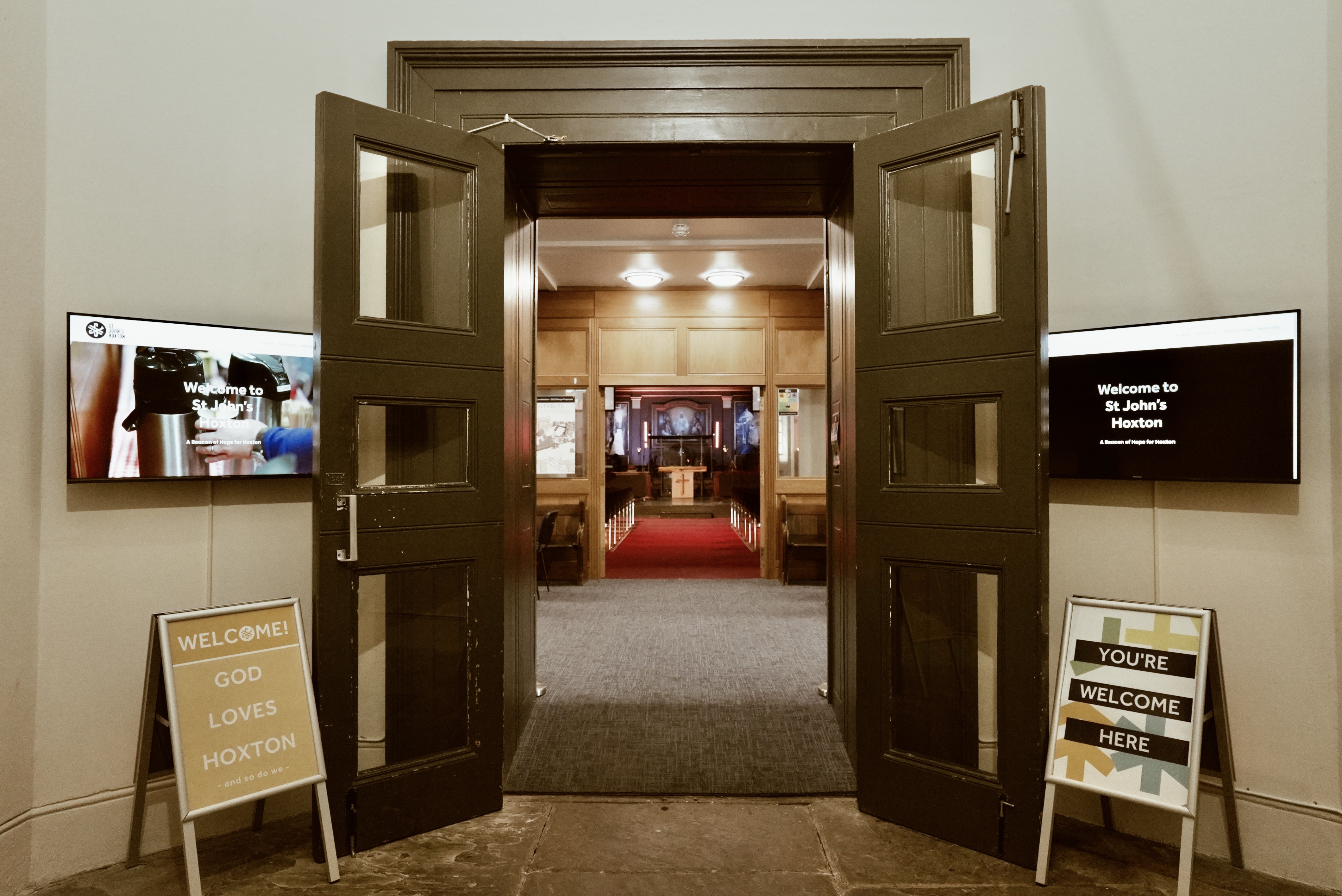 Welcoming entrance of Main Church in St John's Hoxton for events and meetings.