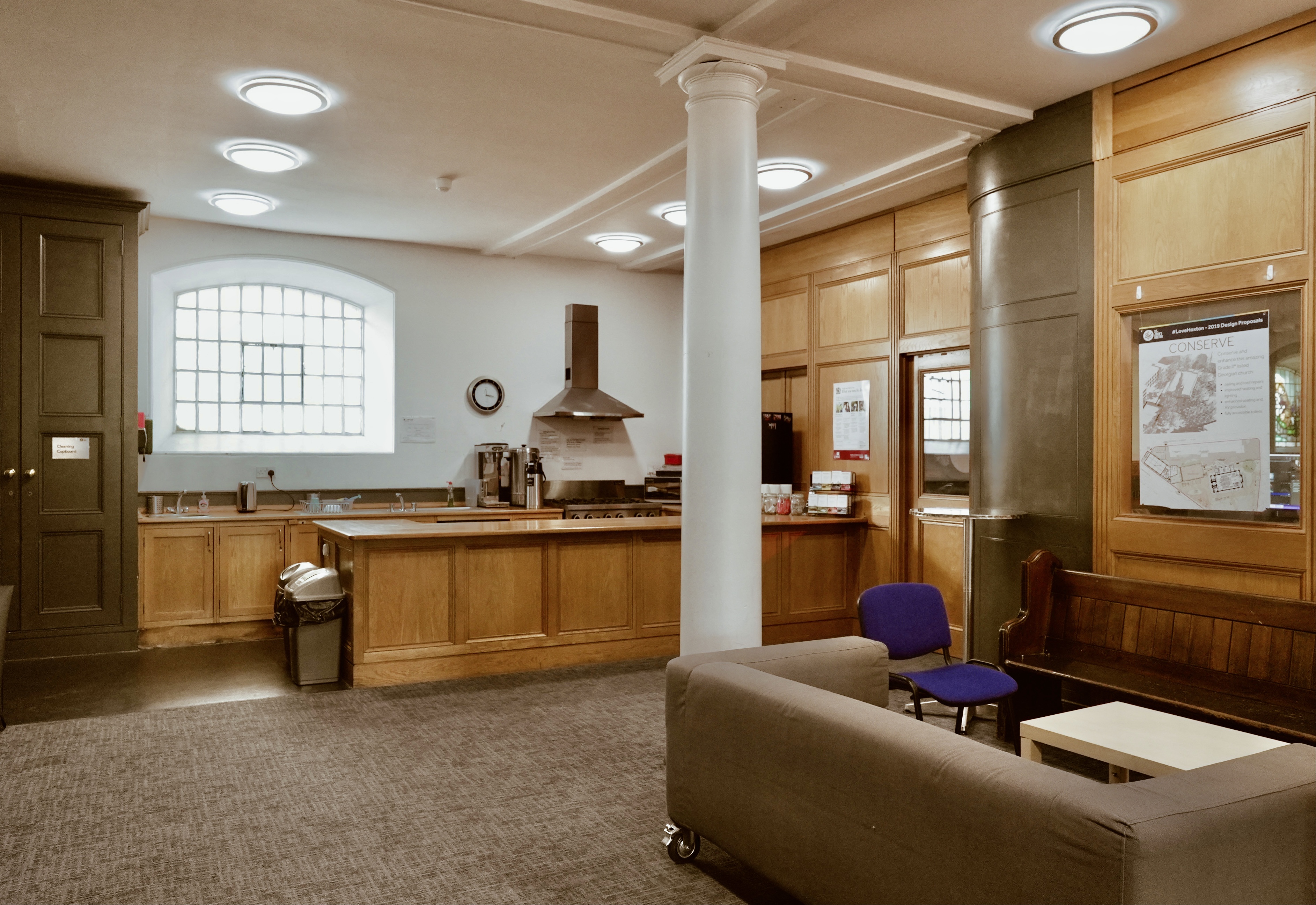 Cozy lounge area in Main Church, St John's Hoxton for meetings and networking events.
