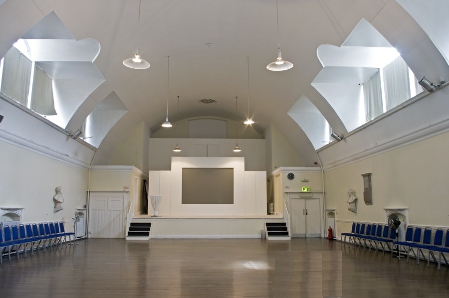 Spacious Mary Ward Hall with high ceilings, ideal for conferences and workshops.