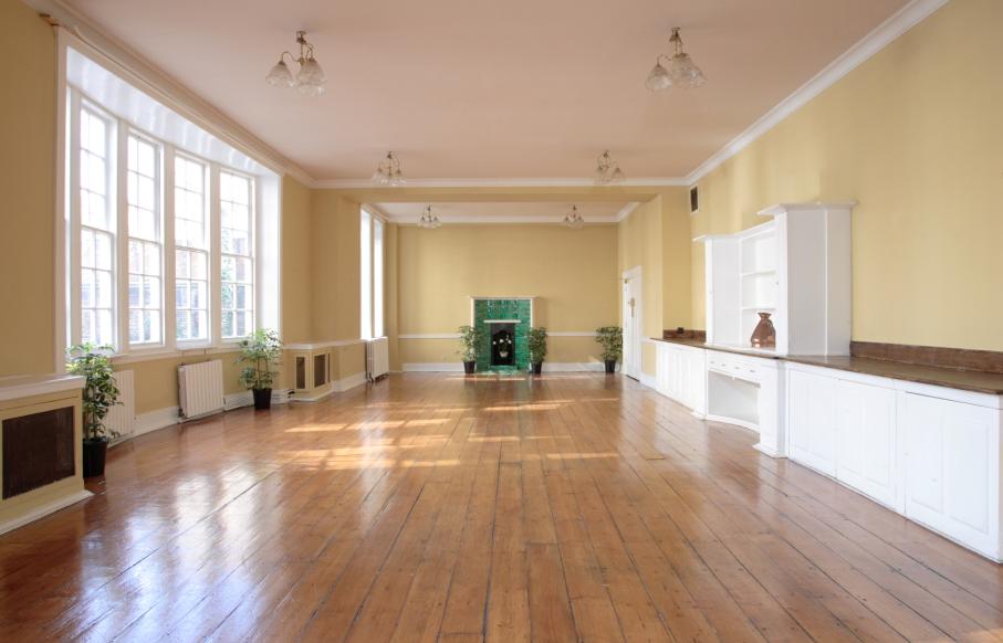 Lethaby Room at Mary Ward House, spacious event space with large windows and polished floors.