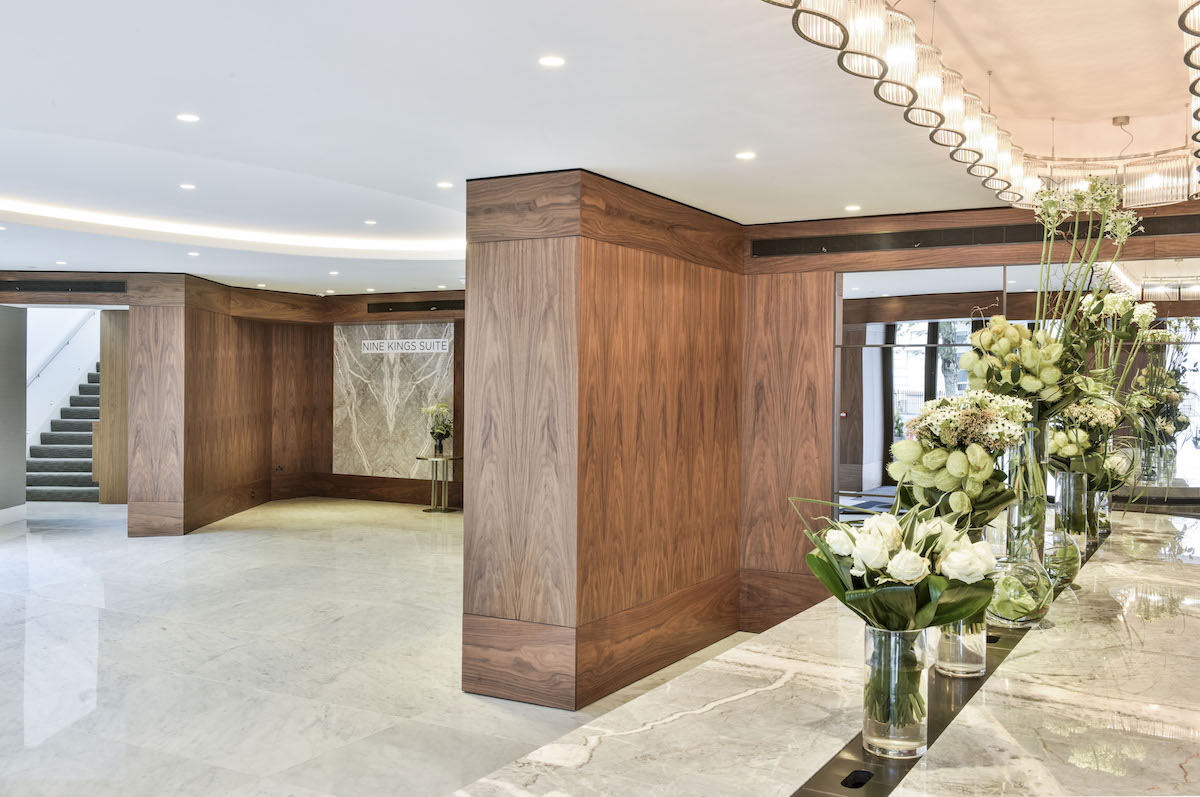Nine Kings Suite lobby at Royal Lancaster London, modern design for events and networking.