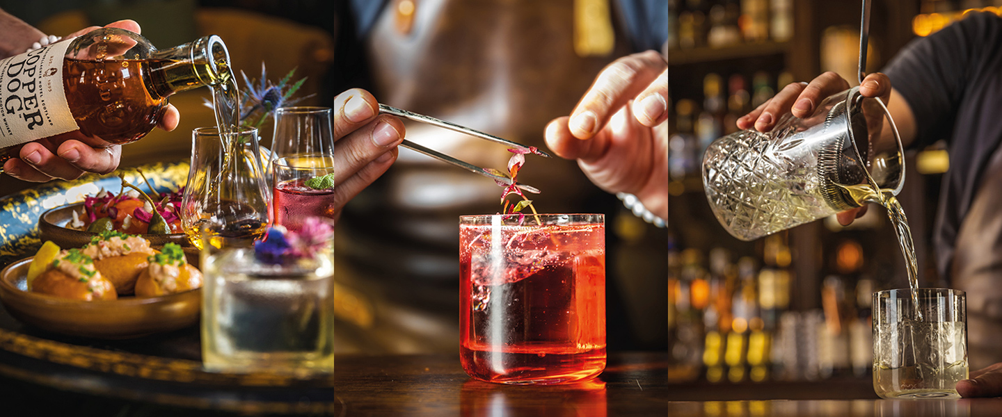 Mixologist crafting vibrant cocktails at Spey Bar, Browns Covent Garden, for events.