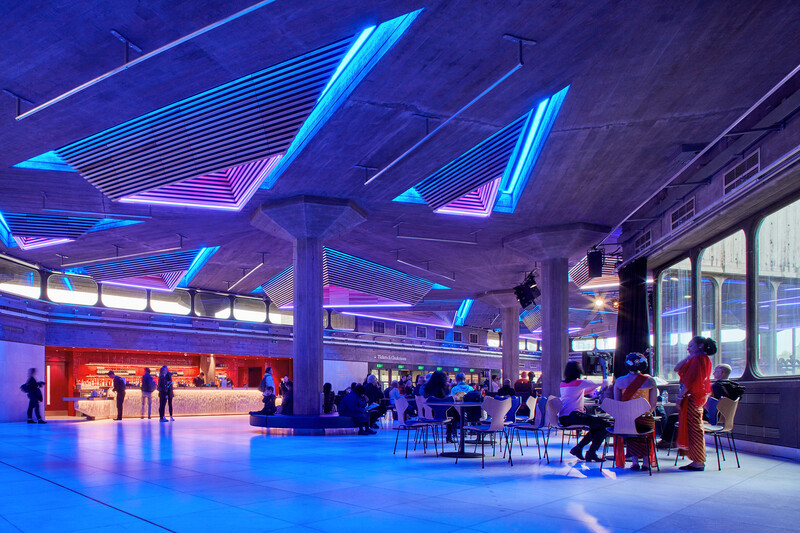 Queen Elizabeth Hall Foyer, modern event space with dynamic lighting for networking events.