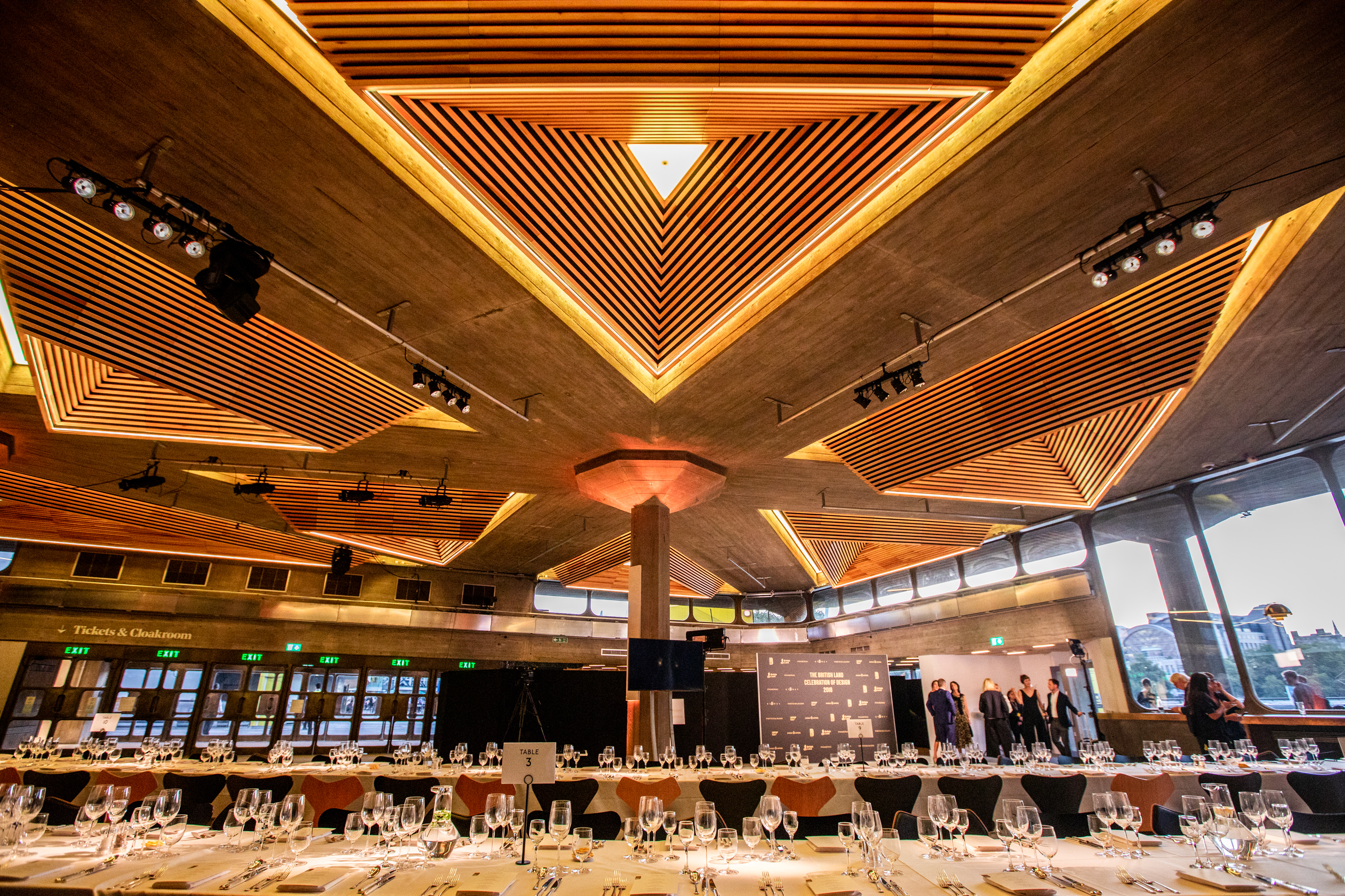 Queen Elizabeth Hall Foyer, elegant banquet setup for formal events, modern architecture.
