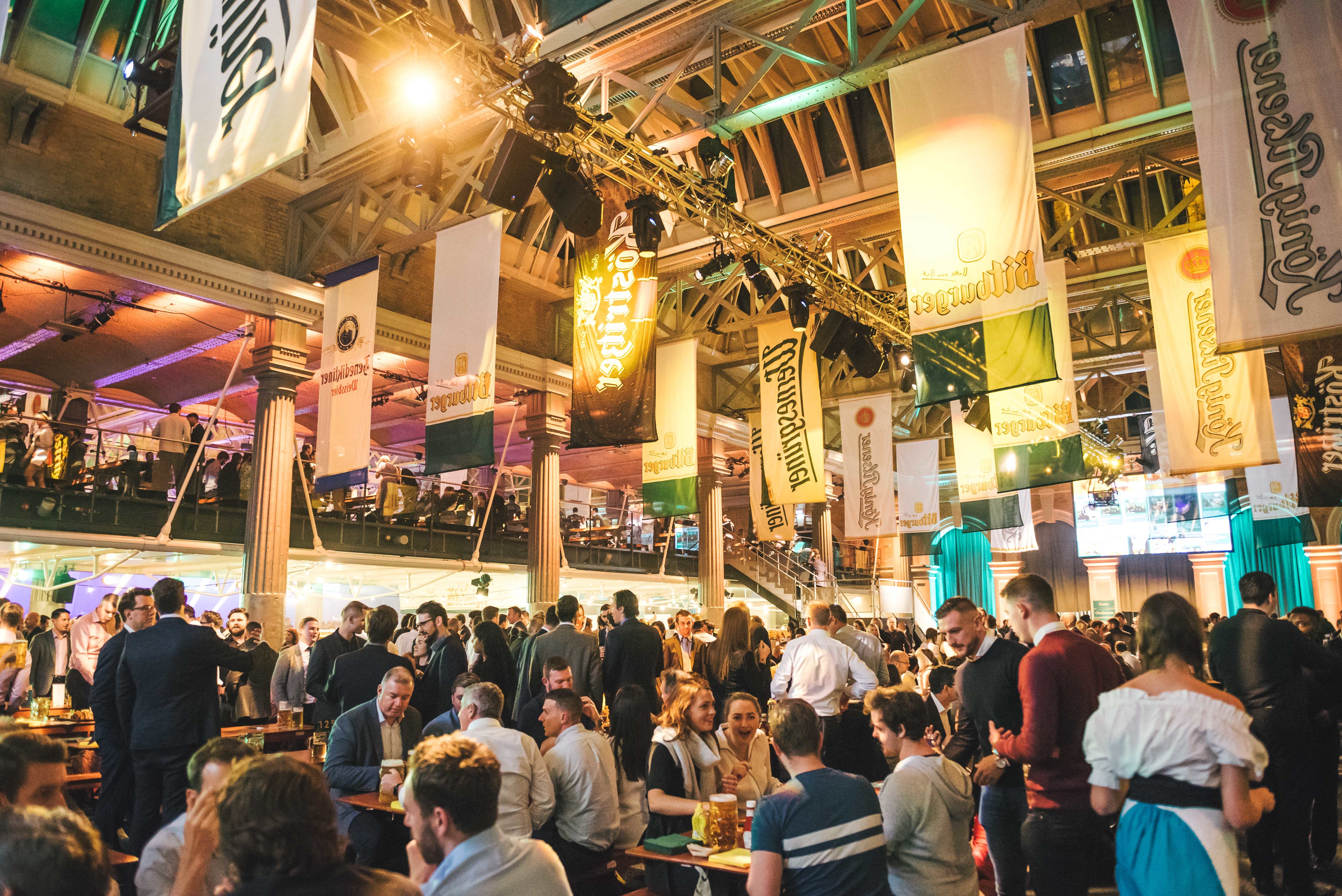 Vibrant Grand Hall at Old Billingsgate, perfect for corporate events and social gatherings.