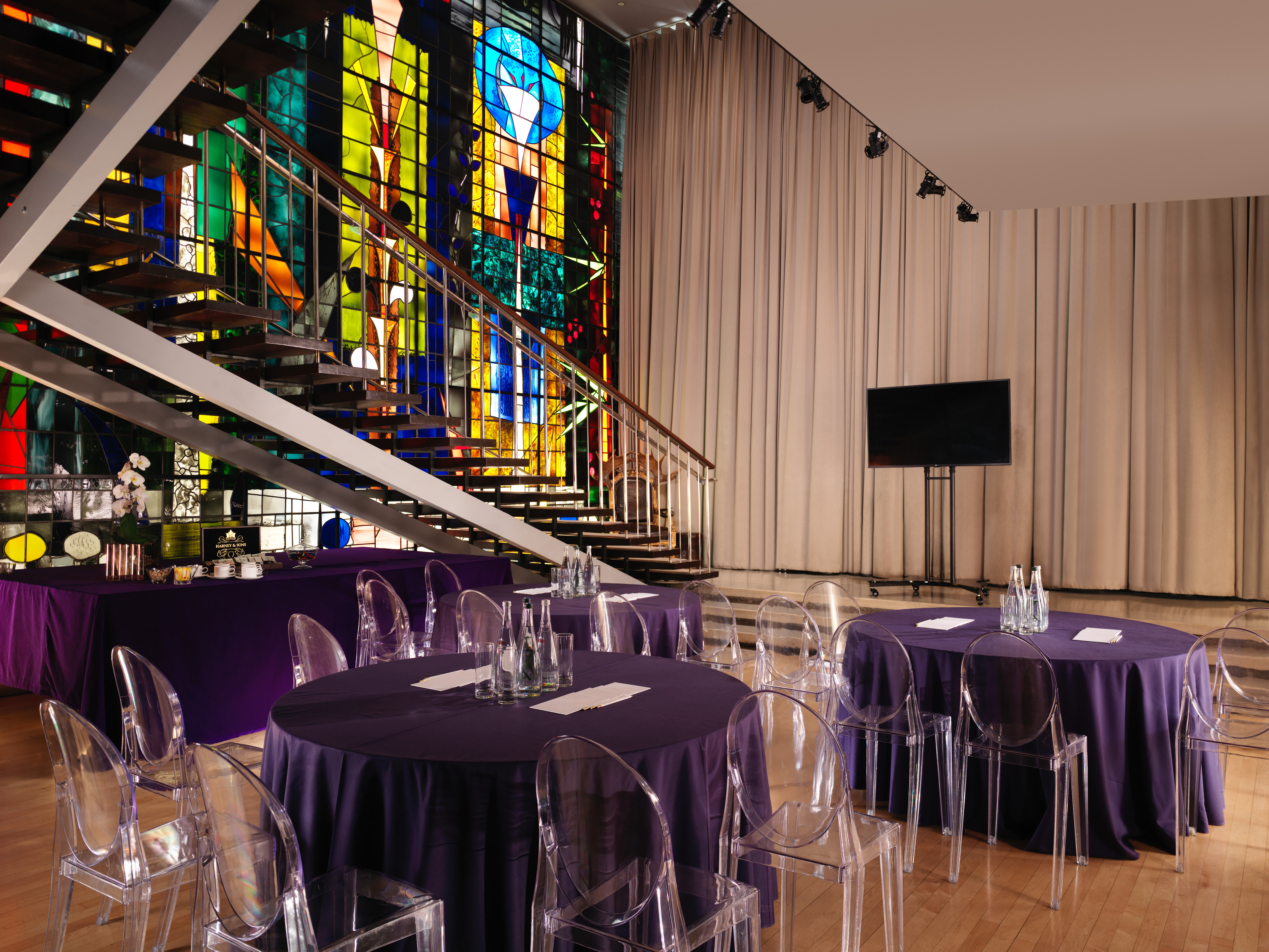 Billiard Room in Sanderson London with purple tables, ideal for events and meetings.