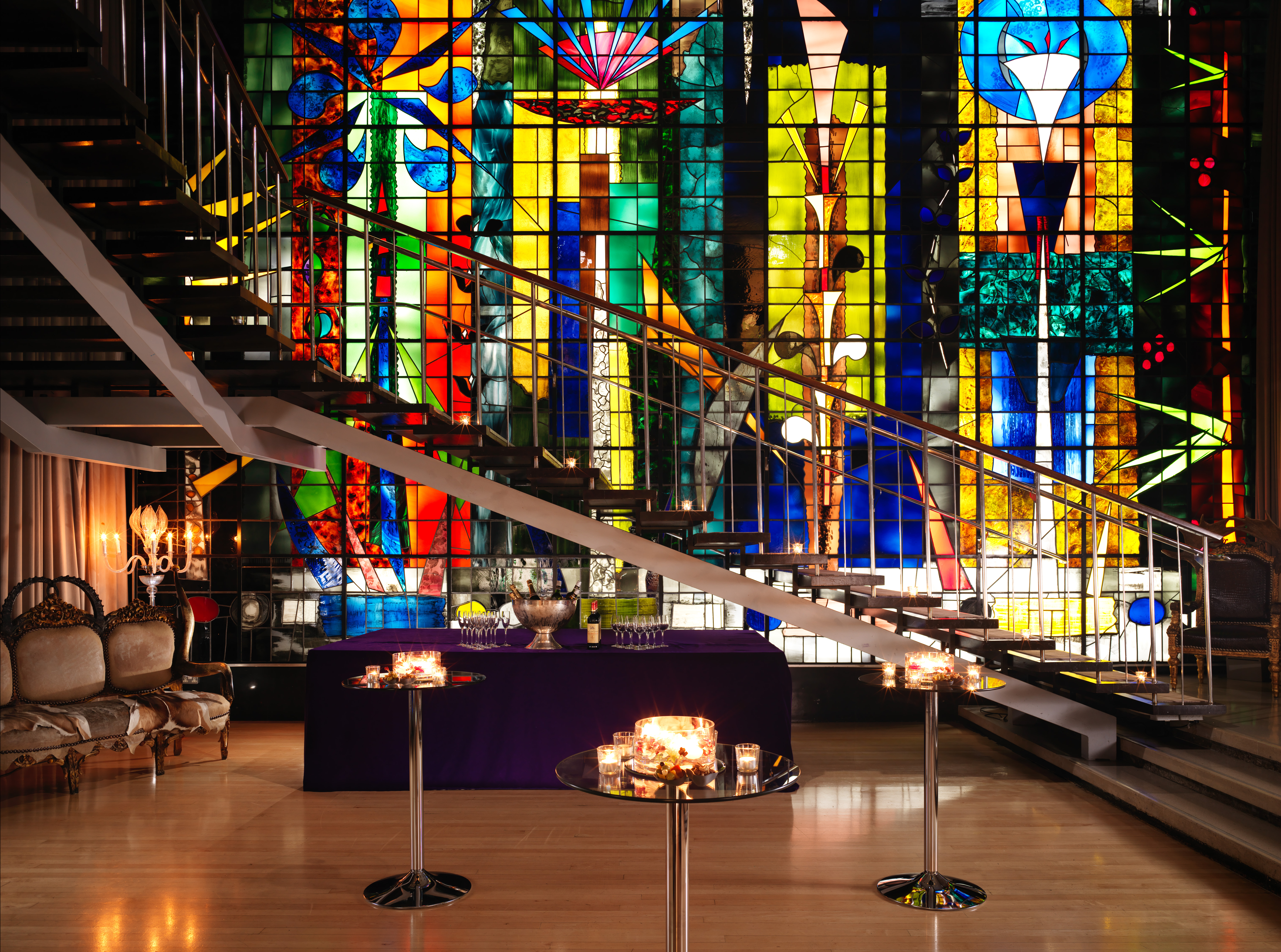 Billiard Room in Sanderson London with stained glass, ideal for receptions and networking.