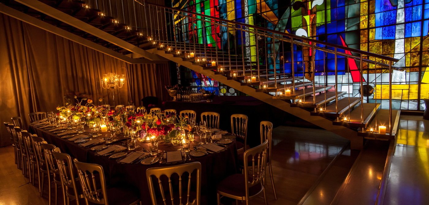 Elegant dining table in The Billiard Room, Sanderson London for upscale events.
