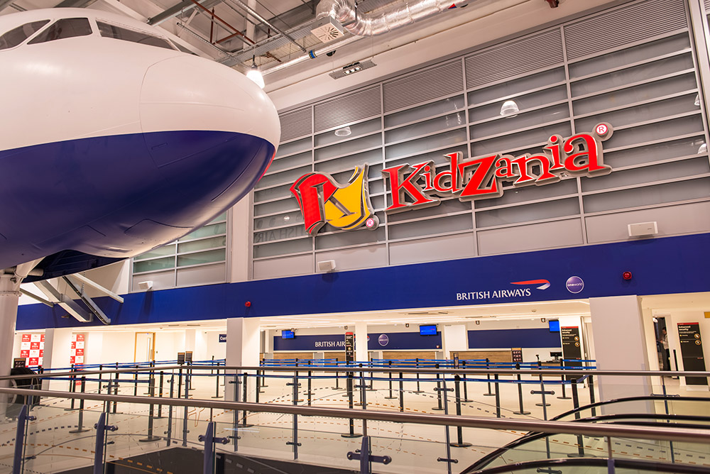 KidZania London: vibrant venue with airplane structure for family-friendly events and workshops.