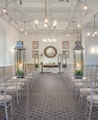 Towers Mansion event space with elegant decor and lanterns for intimate gatherings.