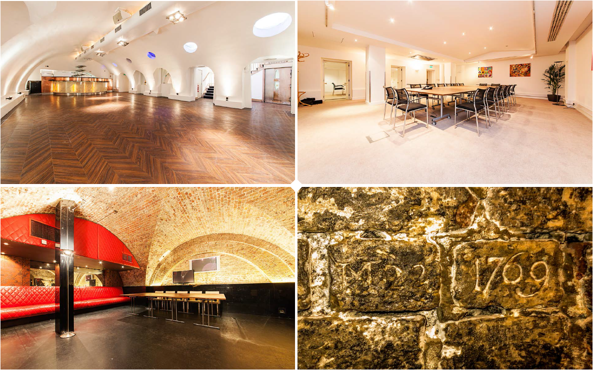 Versatile event spaces in Adam House, featuring elegant wooden flooring and exposed brickwork.