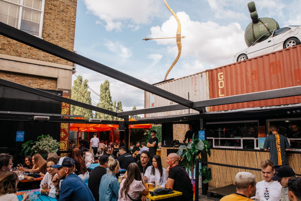 Vibrant outdoor venue at 93 Feet East, ideal for networking events and social mixers.