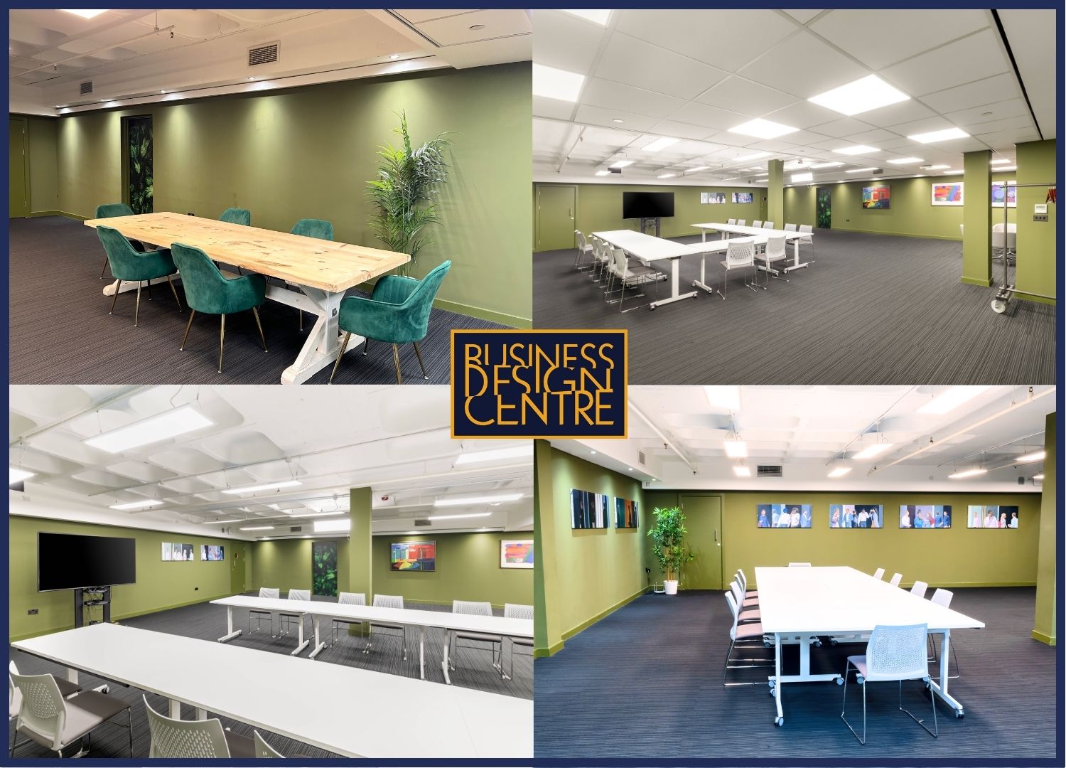 Versatile meeting space with green walls for corporate events and workshops.