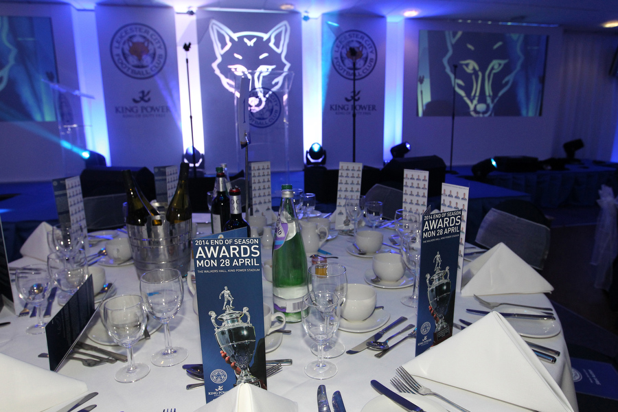 Awards dinner setup at Walkers Hall, King Power Stadium with elegant tables and branding.