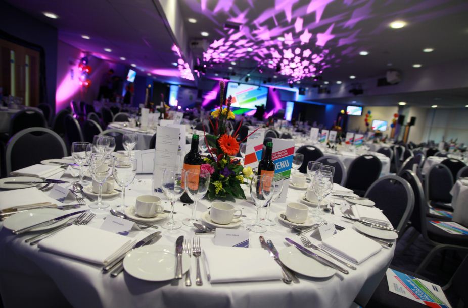 Elegant banquet setup at Walkers Hall, King Power Stadium for corporate events.