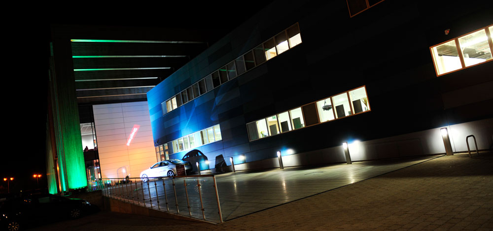 Modern Bournville College venue at night, ideal for corporate events and gatherings.