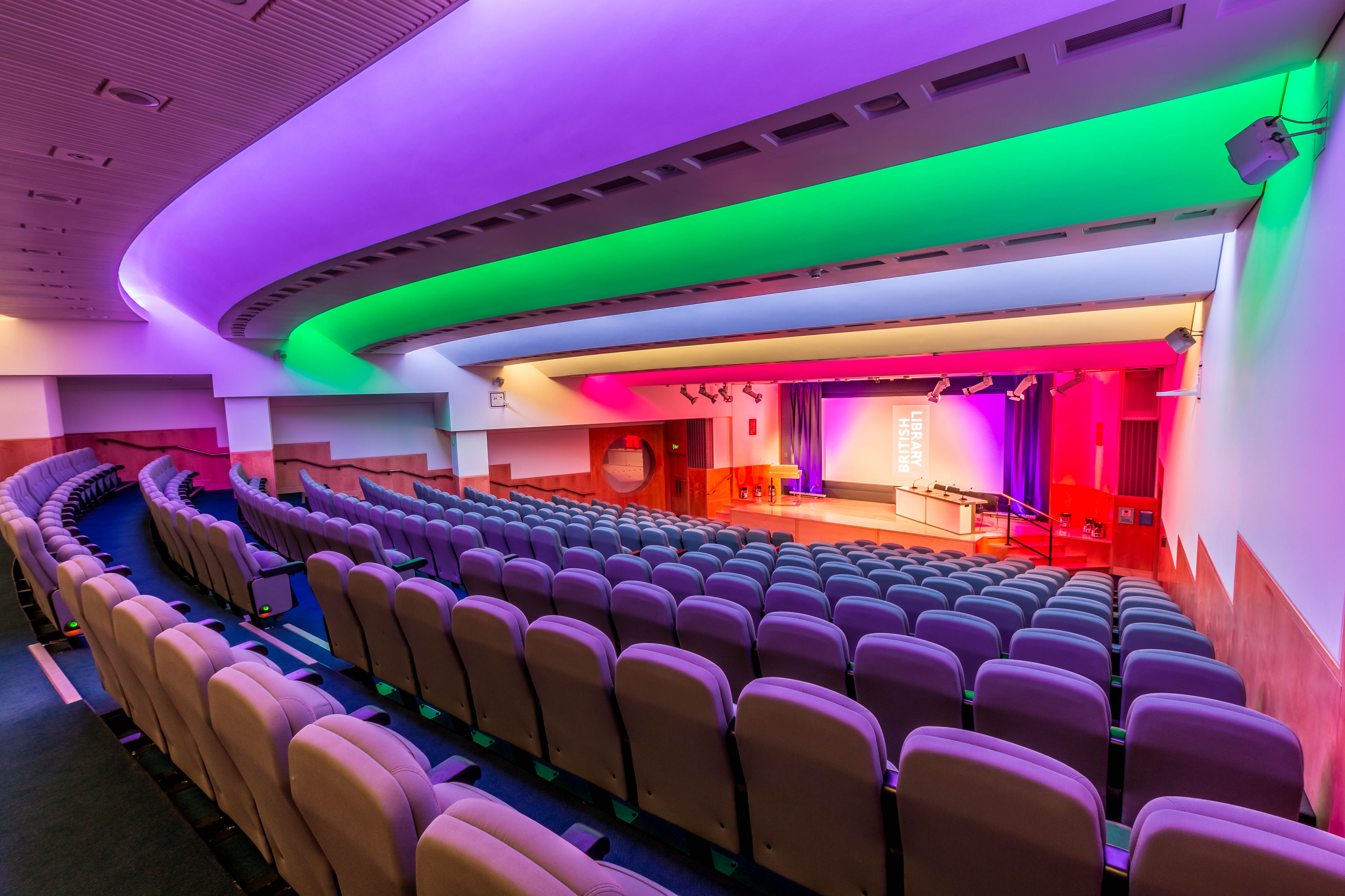 Pigott Theatre at British Library: modern auditorium with tiered seating for events and conferences.