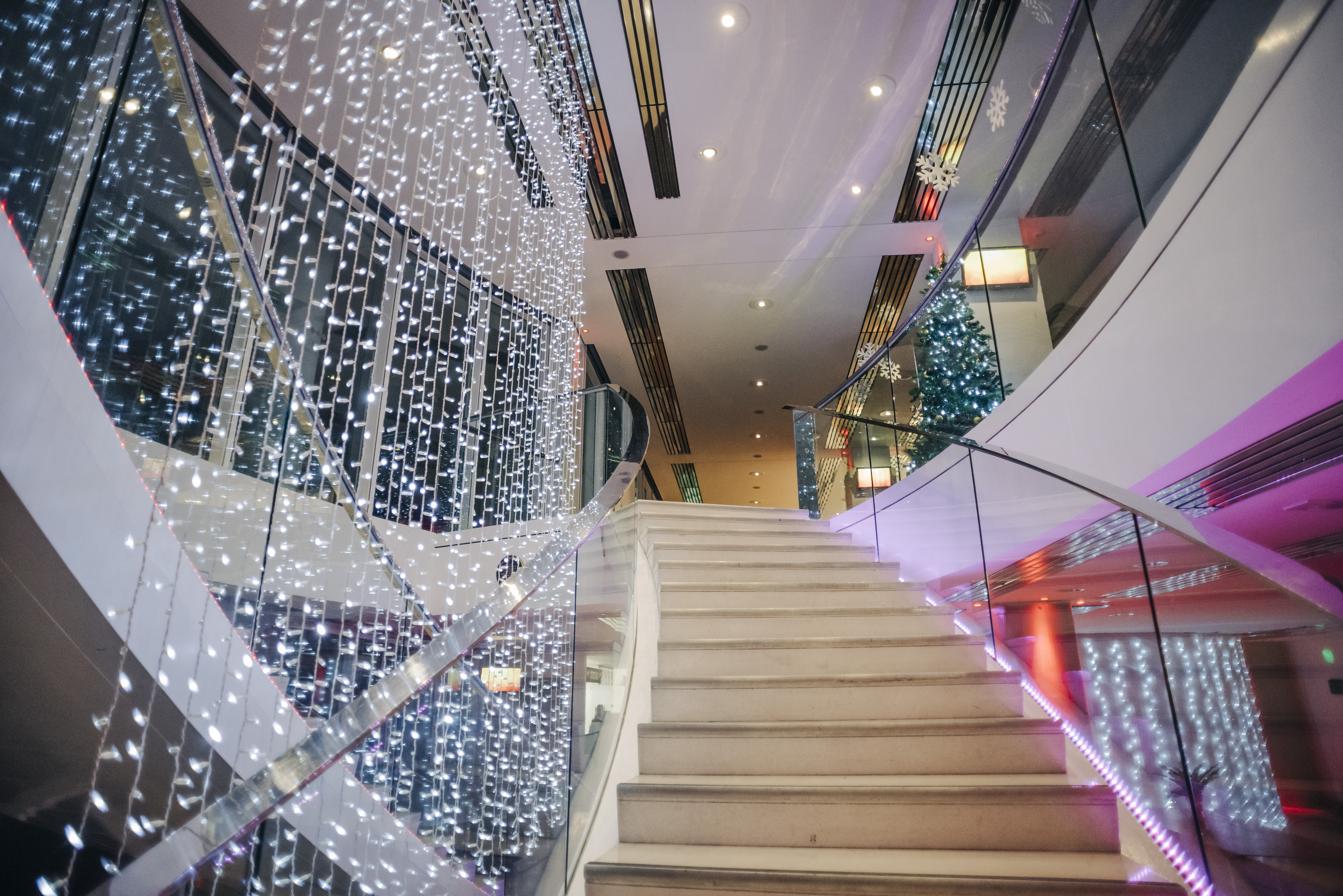 Blue Riband Room staircase with fairy lights, ideal for events at Epsom Downs Racecourse.